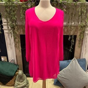 Tacera Women's 2X neon hot pink open slits long sleeve scoop neck lined dress